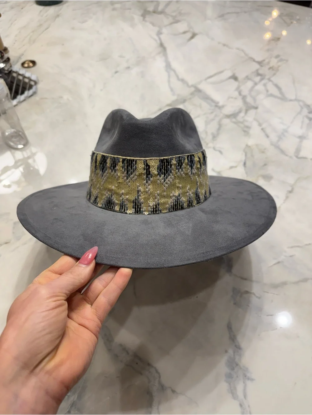 Palo de Yucca Wide-Brim Gray Felt Fedora with Patterned Band